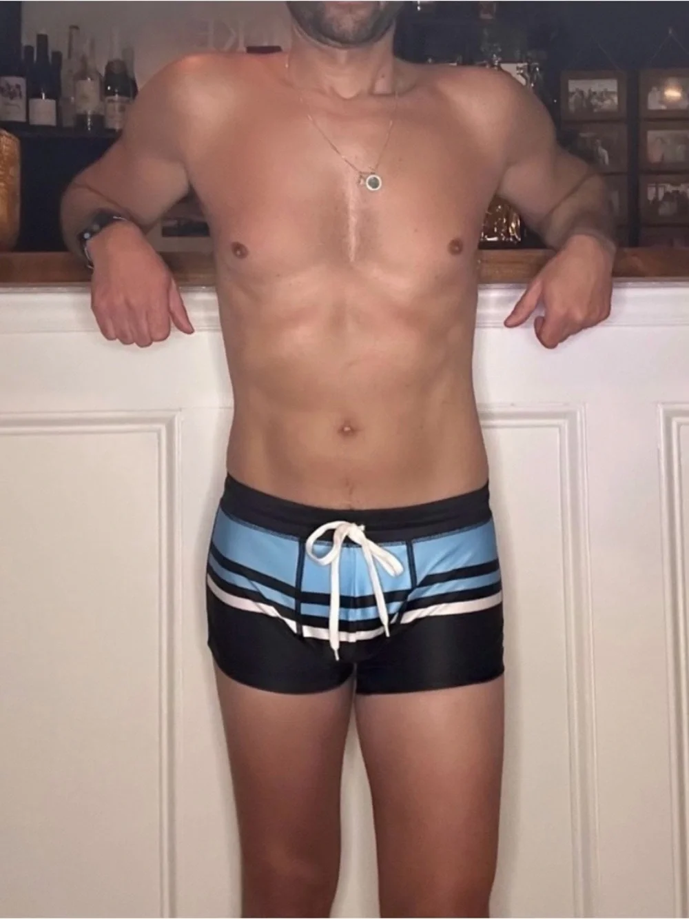 Project 51 | Cassis Square Cut Swim Trunks in Black Red White (Large)